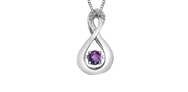 Silver infinity pendant with a purple gemstone on a white background