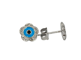 Silver flower-shaped earring with blue center and black gemstone on a white background