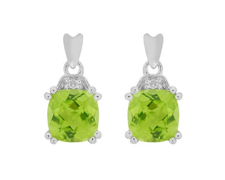 Pendientes colgantes de oro blanco de 10 quilates con peridoto de talla cojín y diamantes de 0,01 quilates con respaldo de mariposa
