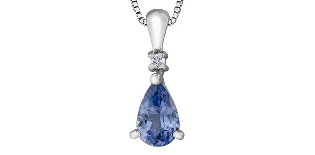 Silver pendant with a blue teardrop-shaped gemstone on a white background