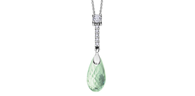 Green teardrop pendant with diamond accents on a white background