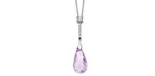 Purple teardrop pendant with diamond accents on a white background