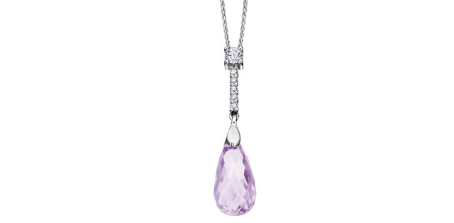 Purple teardrop pendant with diamond accents on a white background