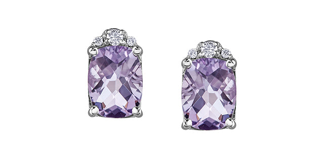 Pair of purple gemstone earrings on a white background