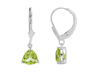 Pair of silver earrings with green gemstones on a white background