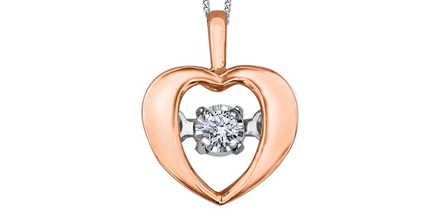 Rose gold heart-shaped pendant with a diamond on a white background