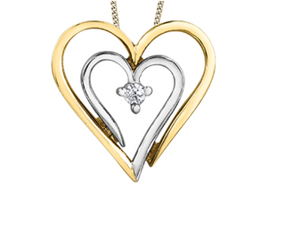 Heart-shaped pendant with gold and silver hearts and a diamond on a white background