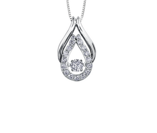 Silver teardrop-shaped pendant with small diamonds on a white background