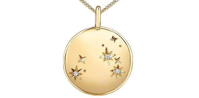 Gold pendant with star designs on a white background