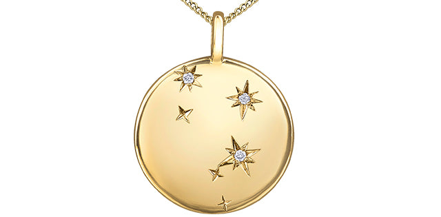 Gold pendant with star designs on a white background