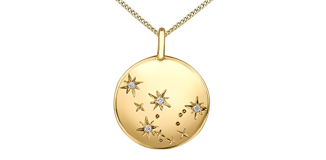 Gold pendant with star designs on a white background