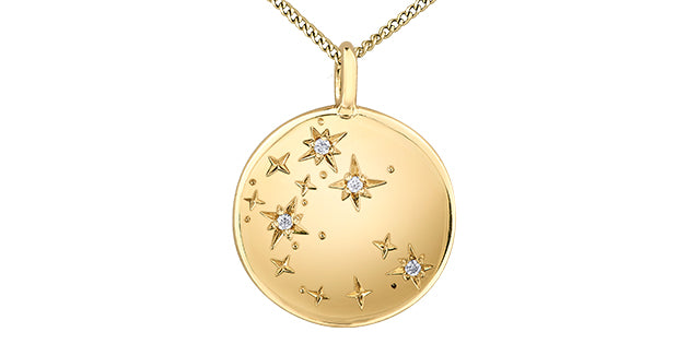 Gold necklace with a round pendant featuring star designs on a white background