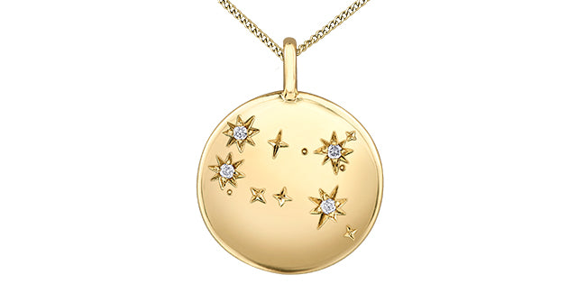 Gold necklace with a round pendant featuring star designs and small diamonds on a white background