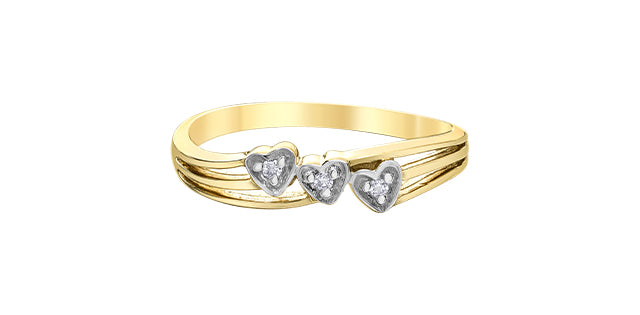 Gold ring with three heart-shaped diamond stones on a white background