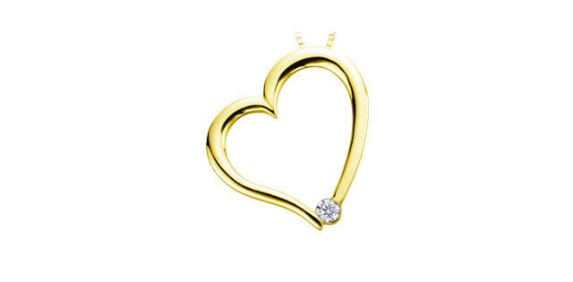 Gold heart-shaped pendant with a diamond on a white background