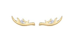 Gold antler-shaped earrings with small diamonds on a white background