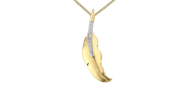 Gold feather-shaped pendant with diamonds on a white background