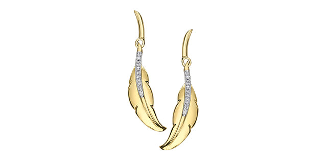 Gold feather-shaped earrings with embedded diamonds on a white background