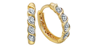 Gold hoop earrings with diamond accents on a white background