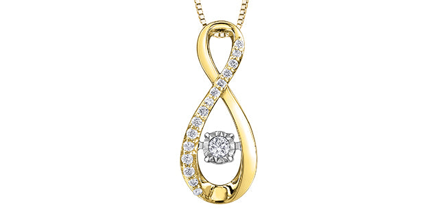 Gold infinity-shaped pendant with diamond center on a white background