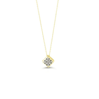 Gold necklace with a diamond pendant on a white background