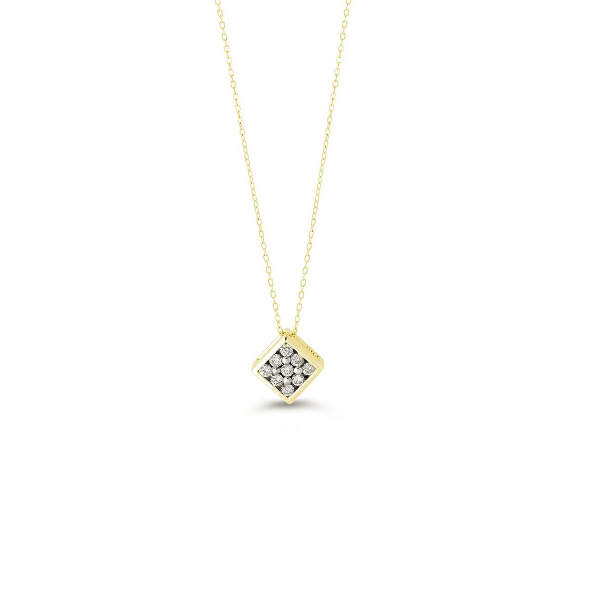 Gold necklace with a diamond pendant on a white background