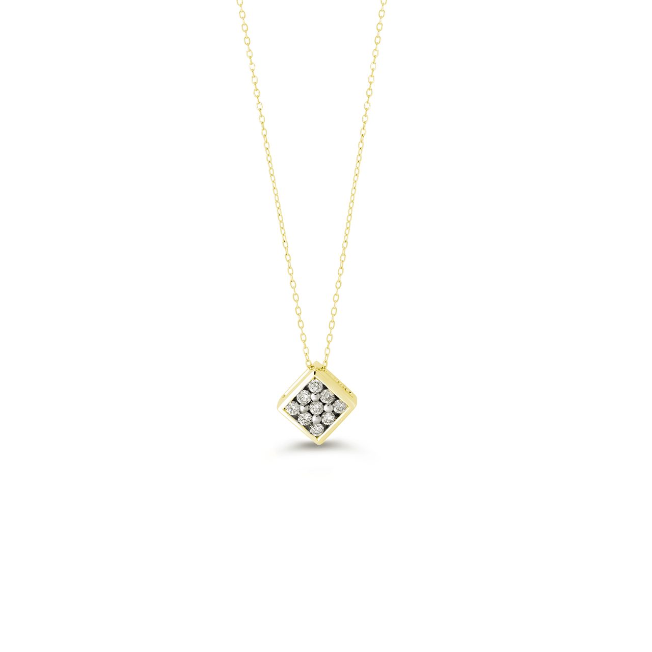 Gold necklace with a diamond pendant on a white background