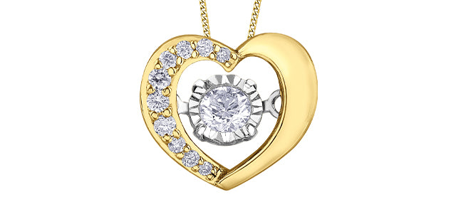 Gold heart-shaped necklace with a diamond center on a white background