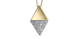 Gold and silver geometric pendant necklace on a white background