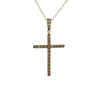 Gold cross pendant necklace on a white background