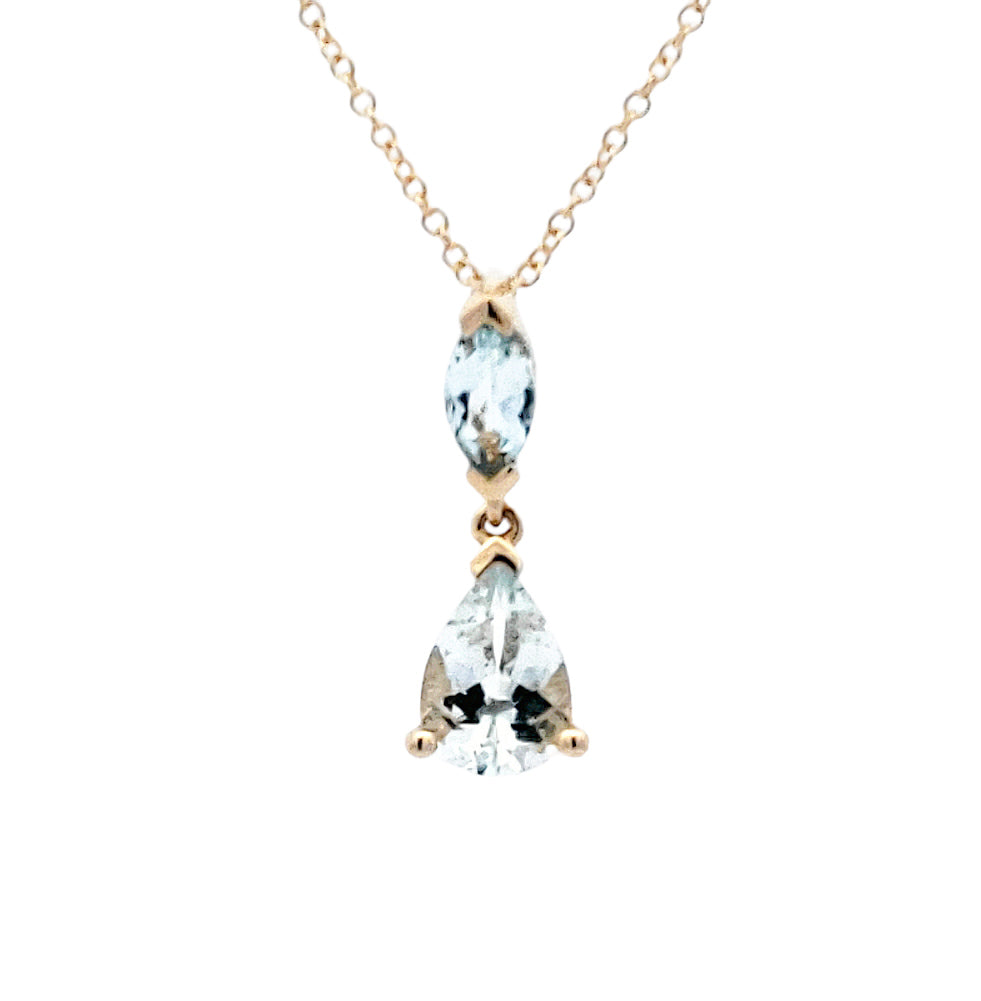 Gold necklace with two pear-shaped blue gemstones on a white background