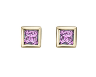 Gold square earrings with pink gemstones on a white background