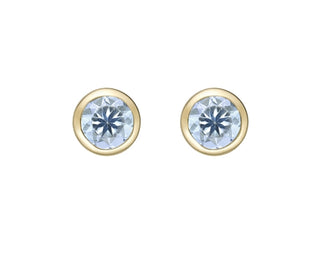 Pair of gold earrings with blue gemstones on a white background