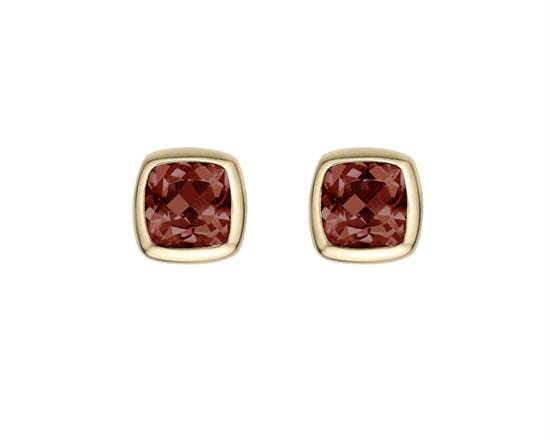 Gold earrings with red gemstones on a white background