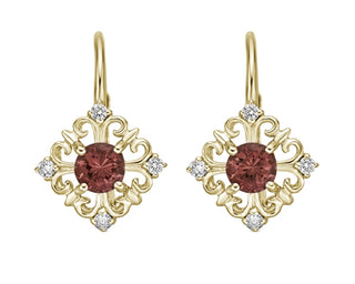 Aretes colgantes de oro amarillo de 10 quilates con granate de talla redonda de 4 mm y diamantes de 0,10 quilates con cierres de palanca