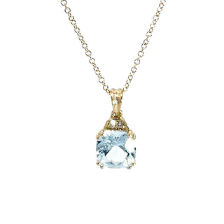 10K Yellow Gold 6.0mm Cushion Cut Aquamarine & 0.01cttw Diamond Pendant - 18"