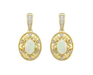 10K Yellow Gold 6x4mm Oval Cut Opal and 0.09cttw Diamond Dangle Earrings with Butterfly Backings