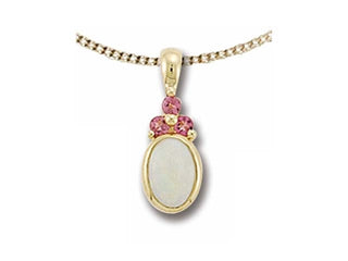 Gold pendant with a central stone and two smaller stones on a white background