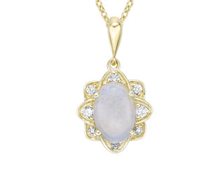 Gold pendant with a central blue stone and diamond-like stones on a white background