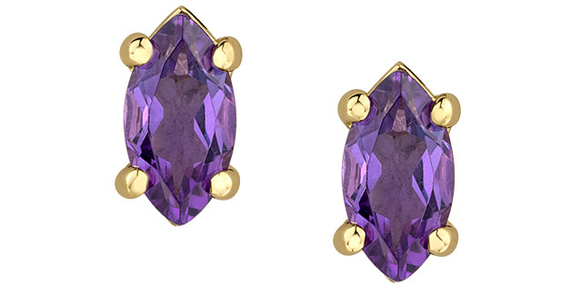 Pair of purple gemstone earrings with gold accents on a white background