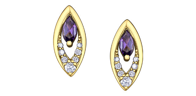 Gold earrings with purple gemstones on a white background