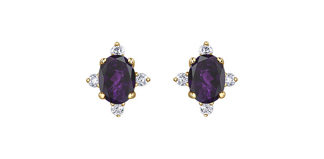 Pair of purple gemstone earrings with gold and diamond accents on a white background