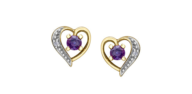 Heart-shaped gold earrings with purple gemstones on a white background