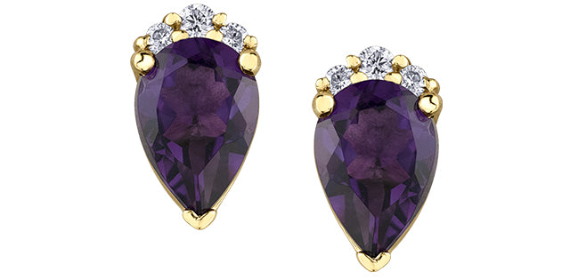 Pair of purple teardrop earrings with gold accents on a white background