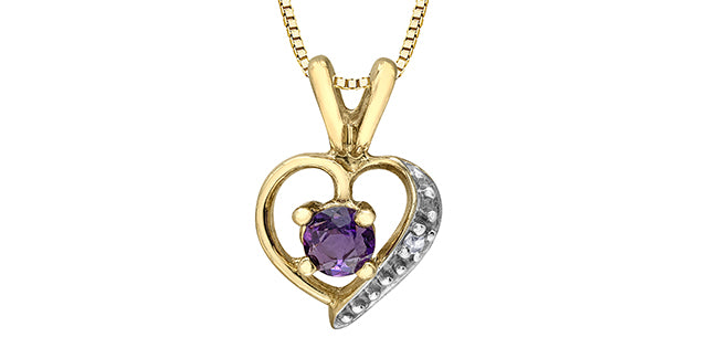 Gold heart-shaped pendant with a purple gemstone on a white background