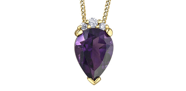 Purple teardrop-shaped gemstone necklace with gold chain on a white background