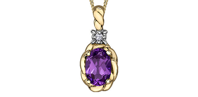 Gold pendant with purple gemstone and diamond on a white background