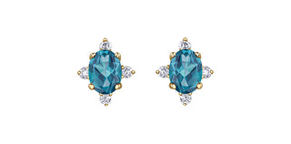 Pair of earrings with blue gemstones and gold accents on a white background