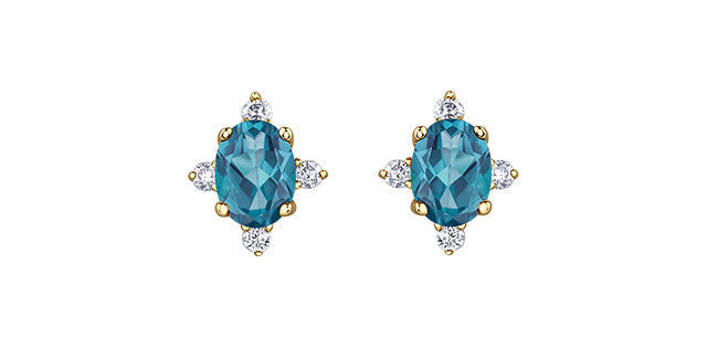 Pair of earrings with blue gemstones and gold accents on a white background