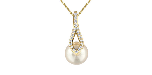 Pearl pendant with gold setting and diamond accents on a white background